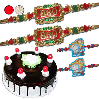 "Rakhi - FR- 8220 A (2 RAKHIS), Doraemon Kids Rakhi - KID 7310A  (2 RAKHIS), chocolate cake -1kg - Click here to View more details about this Product